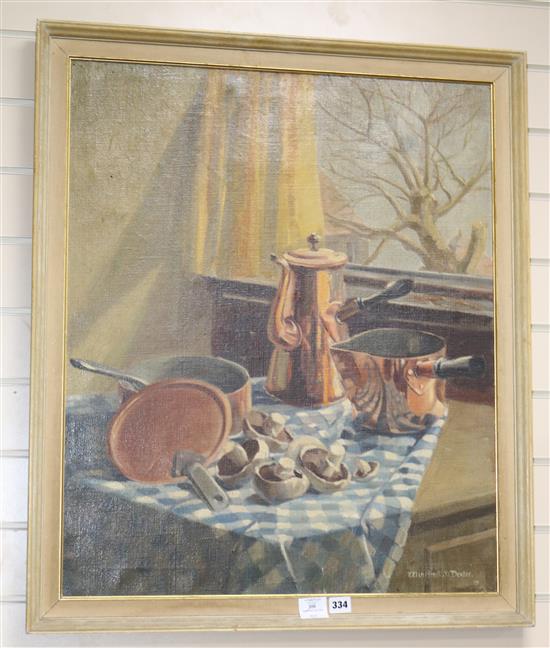 Winifred M. Dexter, oil on canvas, still life of copper pans and a coffee pot 75 x 63cm